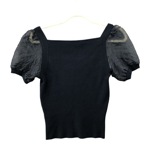 French Connection Ribbed Puff Sleeve Square Neck Top Womens XS Navy Blue Sweater - Picture 2 of 10